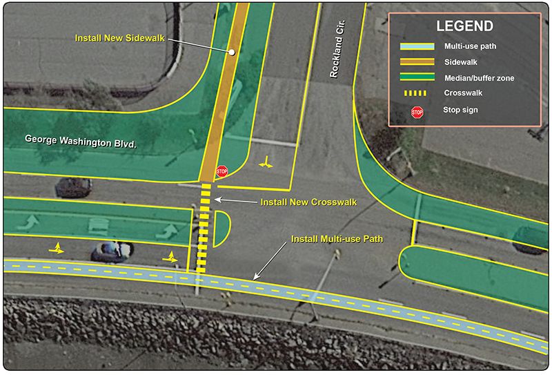 Figure 1: Study Area
The study area is encircled in yellow on a satellite image of the intersection of George Washington Boulevard and Rockland Circle
Figure 1: Study Area
The study area is encircled in yellow on a satellite image of the intersection of George Washington Boulevard and Rockland Circle